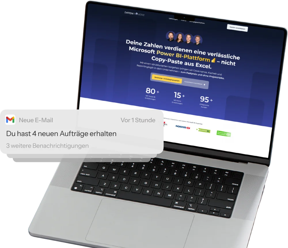Landingpage auf dem Laptop mit Benachrichtigung über neue Anfragen